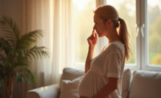 Femme enceinte touchant son nez dans un salon lumineux