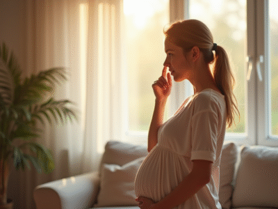 Femme enceinte touchant son nez dans un salon lumineux