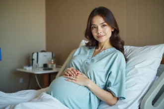 Jeune femme enceinte en chemise d'hôpital assise sur un lit de maternité, les mains posées sur son ventre, expression calme et légèrement anxieuse