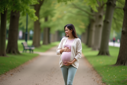 Femme enceinte dans un parc verdoyant en marche