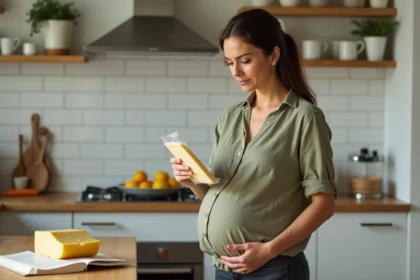 Femme enceinte lisant l'étiquette d'un emballage de parmesan dans une cuisine moderne, vérifiant les informations de pasteurisation