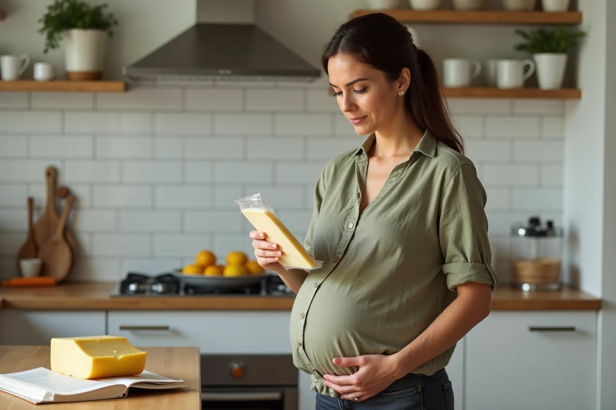 Femme enceinte lisant l'étiquette d'un emballage de parmesan dans une cuisine moderne, vérifiant les informations de pasteurisation