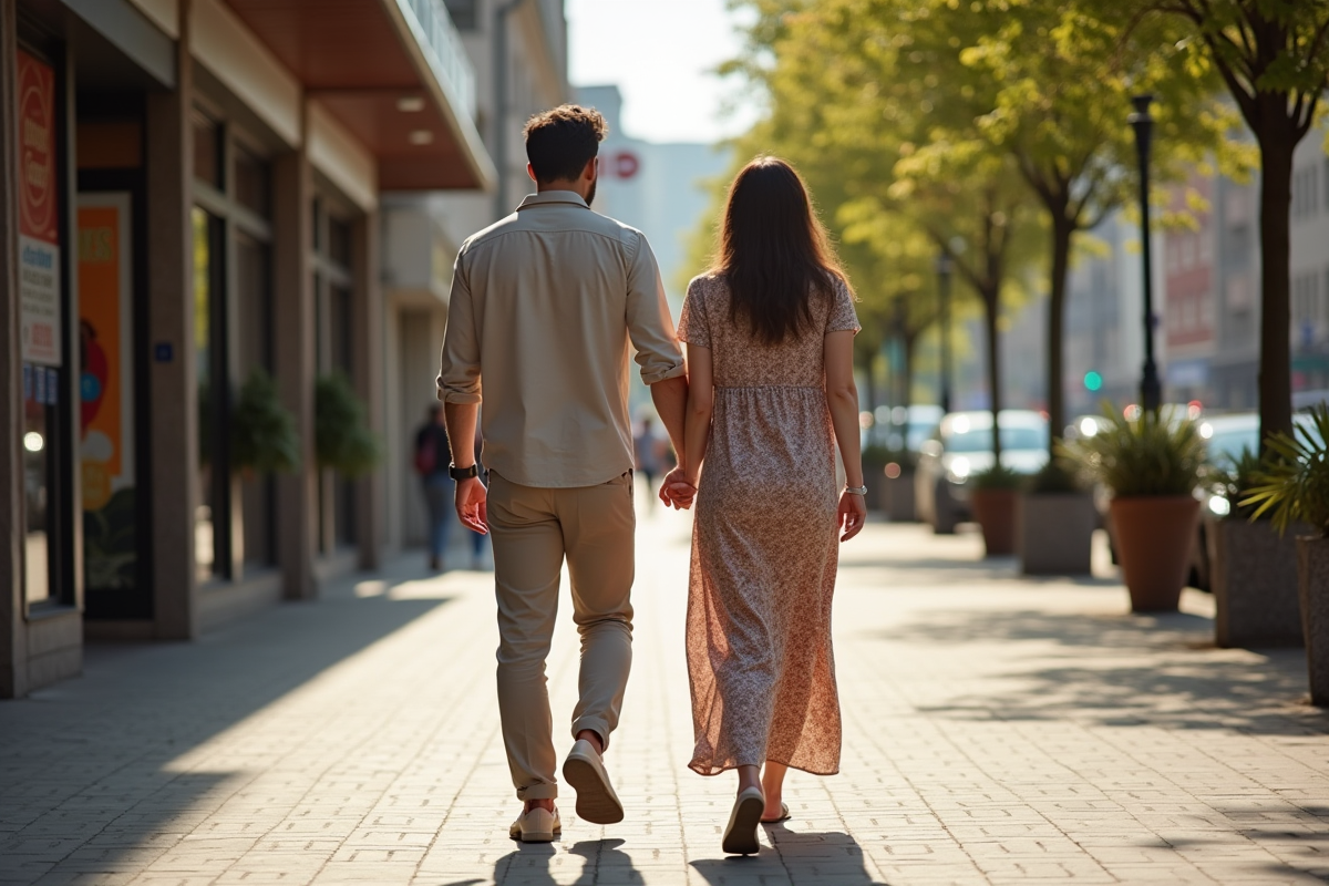 Femme enceinte avec partenaire dans une rue urbaine