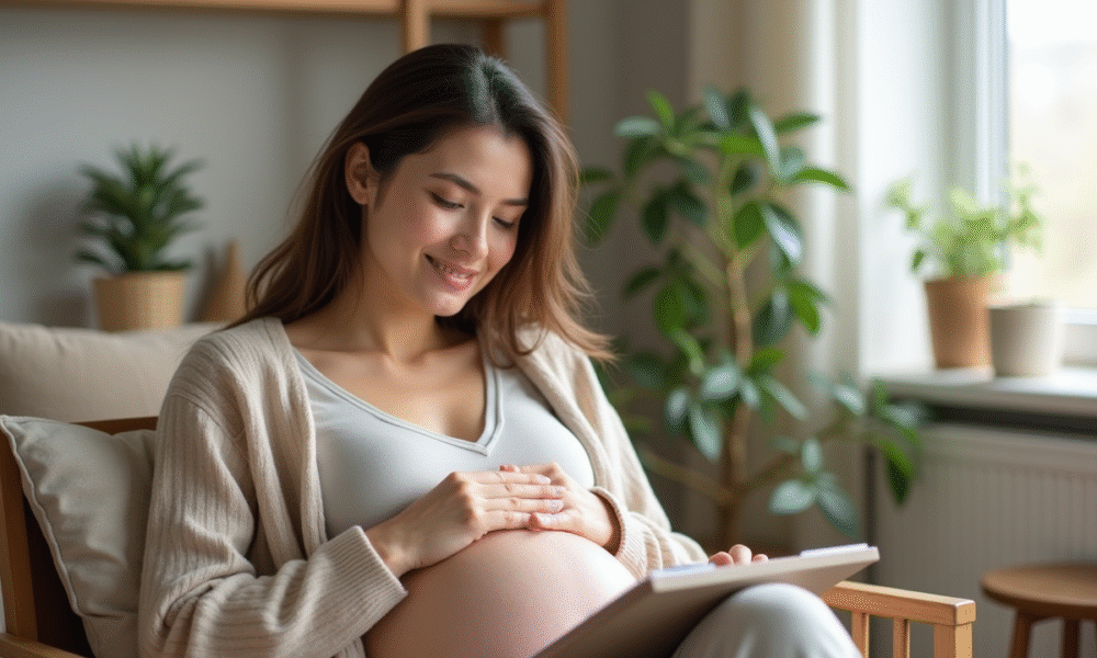 Femme enceinte souriante dans un salon moderne et apaisant