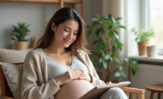 Femme enceinte souriante dans un salon moderne et apaisant