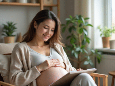 Femme enceinte souriante dans un salon moderne et apaisant