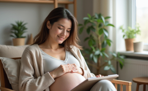 Femme enceinte souriante dans un salon moderne et apaisant