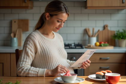 Femme enceinte dans la cuisine examine des sushis et gingembre