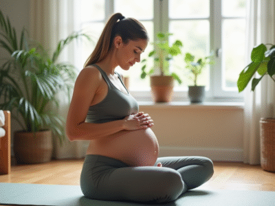 Femme enceinte faisant du yoga dans un salon lumineux