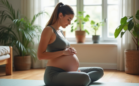 Femme enceinte faisant du yoga dans un salon lumineux