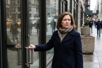 Femme d'âge moyen devant un centre auditif moderne