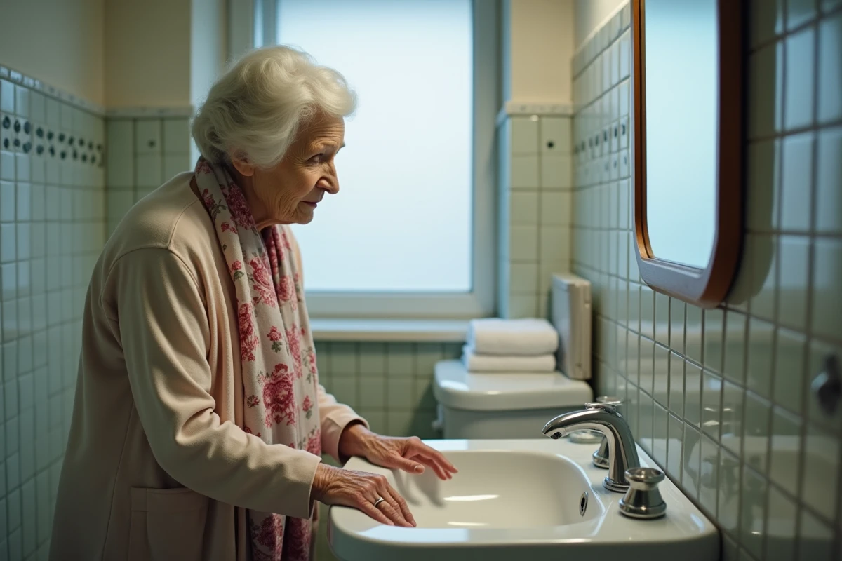 Femme âgée dans une salle de bain avec un specimen cup
