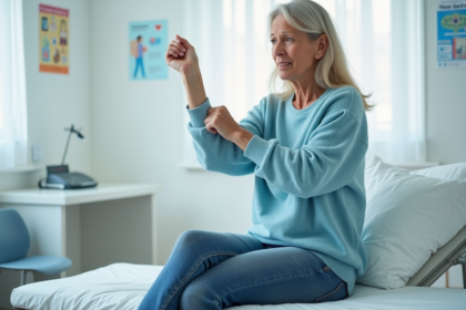 Femme d'âge moyen en consultation hospitalière tente de lever le bras
