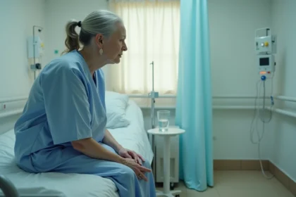 Femme fatiguée hospitalisée en urgence après plusieurs jours sans manger, assise sur un lit d'hôpital