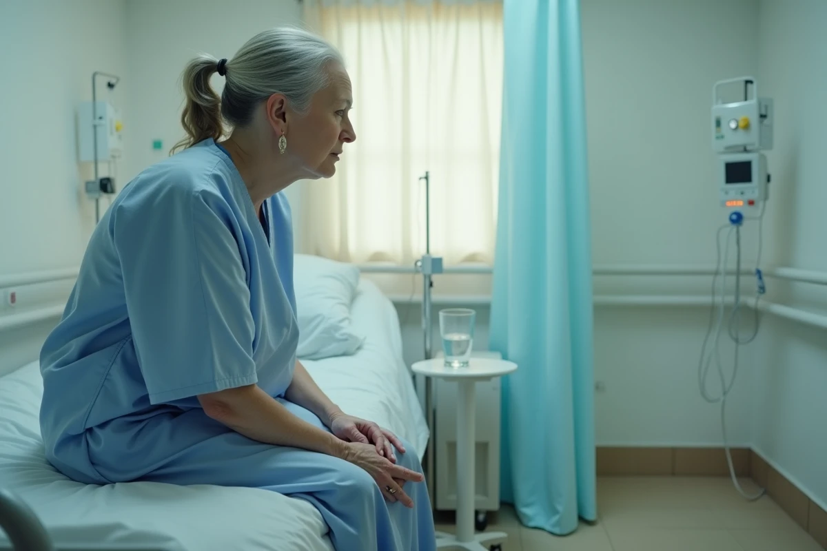 Femme fatiguée hospitalisée en urgence après plusieurs jours sans manger, assise sur un lit d'hôpital