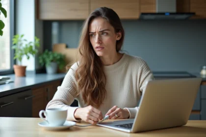 Femme frustrée avec câble réseau dans une cuisine moderne