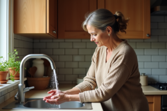 Femme d'âge moyen se lavant les mains dans la cuisine
