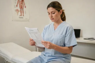 Femme lisant un compte rendu médical gynécologique dans un cabinet médical moderne