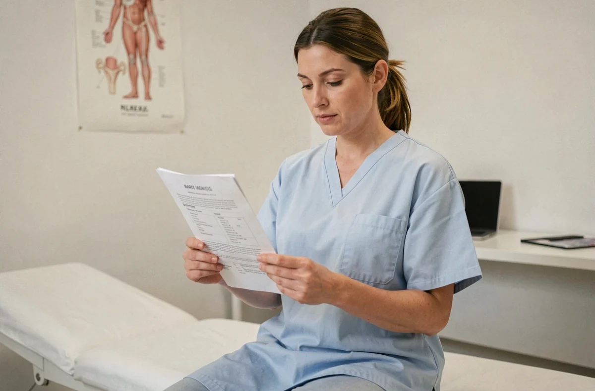 Femme lisant un compte rendu médical gynécologique dans un cabinet médical moderne