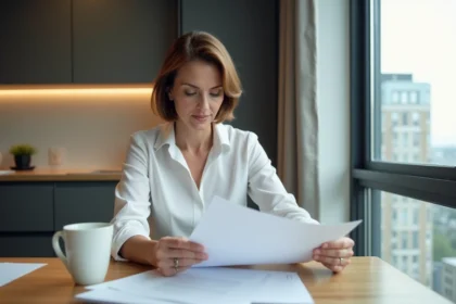 Femme d'âge moyen lisant des documents dans une cuisine moderne