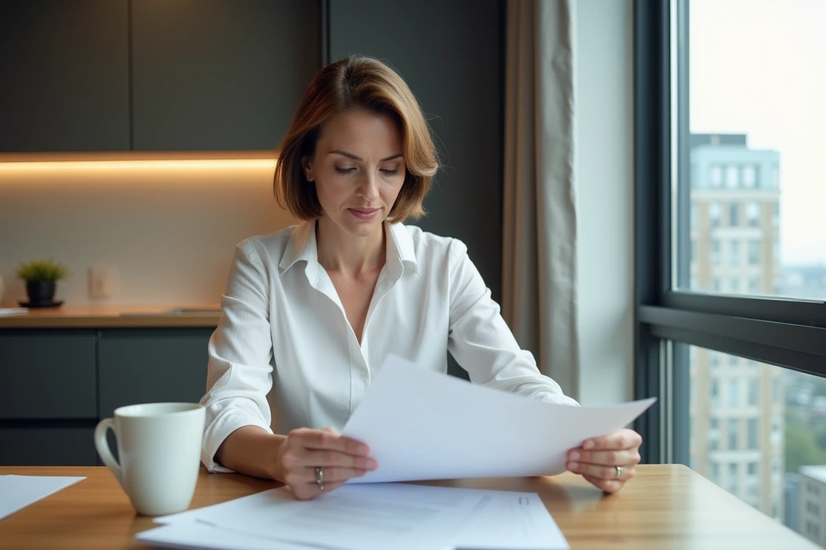 Femme d'âge moyen lisant des documents dans une cuisine moderne