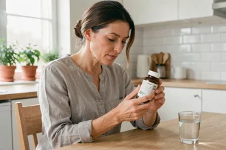 Femme lisant attentivement l'étiquette d'un complément alimentaire Nourix dans une cuisine moderne