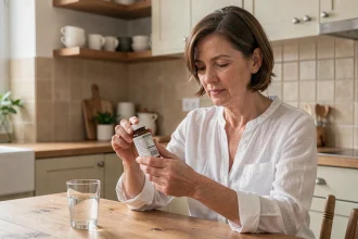Femme lisant attentivement la notice d'utilisation du complément alimentaire Nourix dans une cuisine moderne