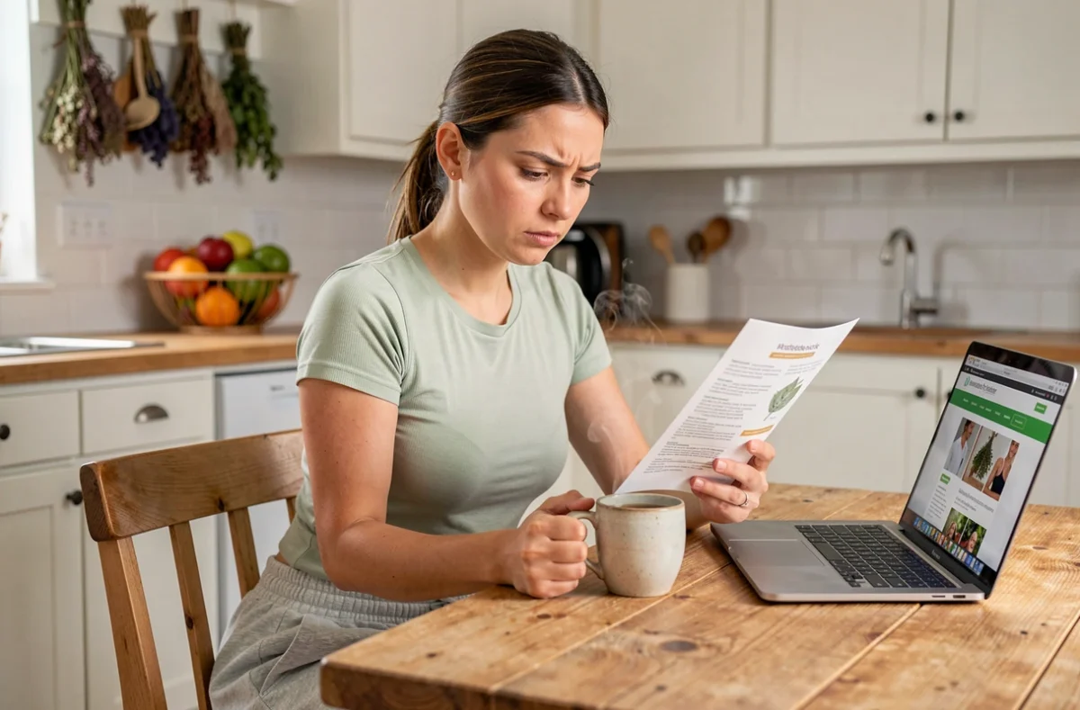 Jeune femme lisant la notice d'un thé détox Lulutox à sa table de cuisine avec une expression interrogative