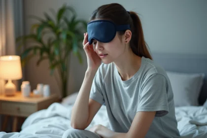 Femme portant un masque anti-migraine sur le front assise sur son lit dans une chambre apaisante