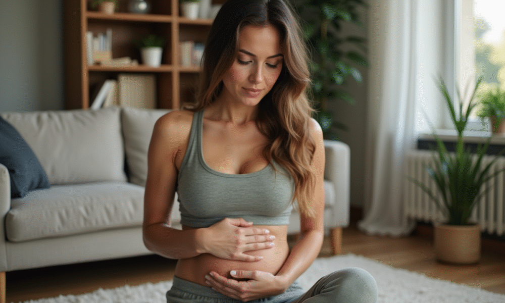Femme en détente se massant le ventre à la maison