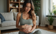 Femme en détente se massant le ventre à la maison