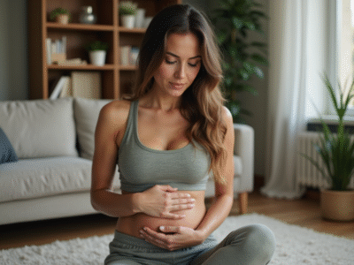 Femme en détente se massant le ventre à la maison