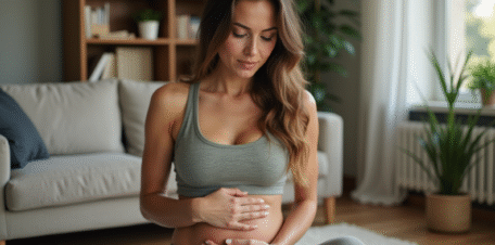 Femme en détente se massant le ventre à la maison