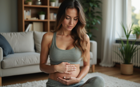 Femme en détente se massant le ventre à la maison