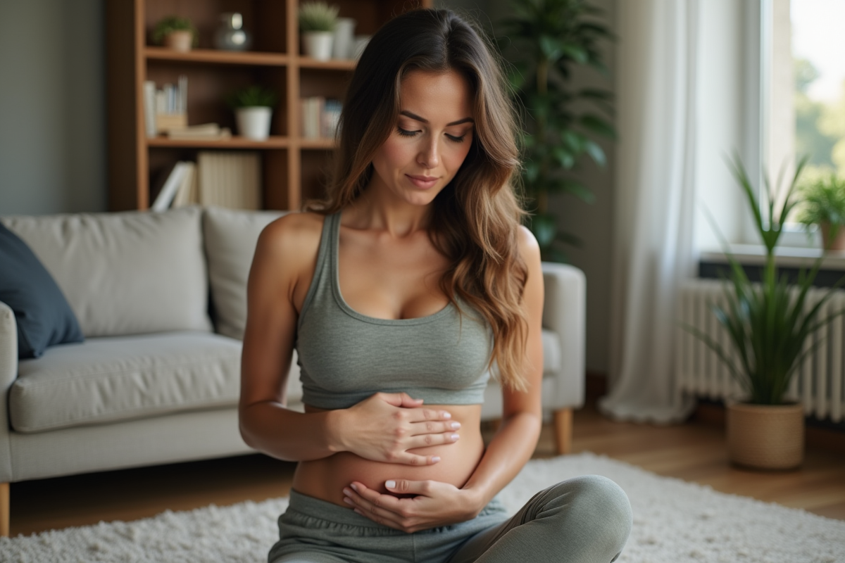 Femme en détente se massant le ventre à la maison