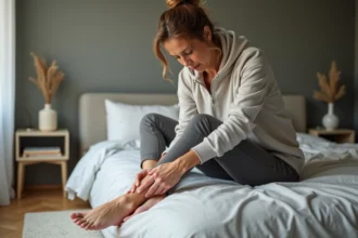 Femme d'âge moyen se massant le talon dans sa chambre
