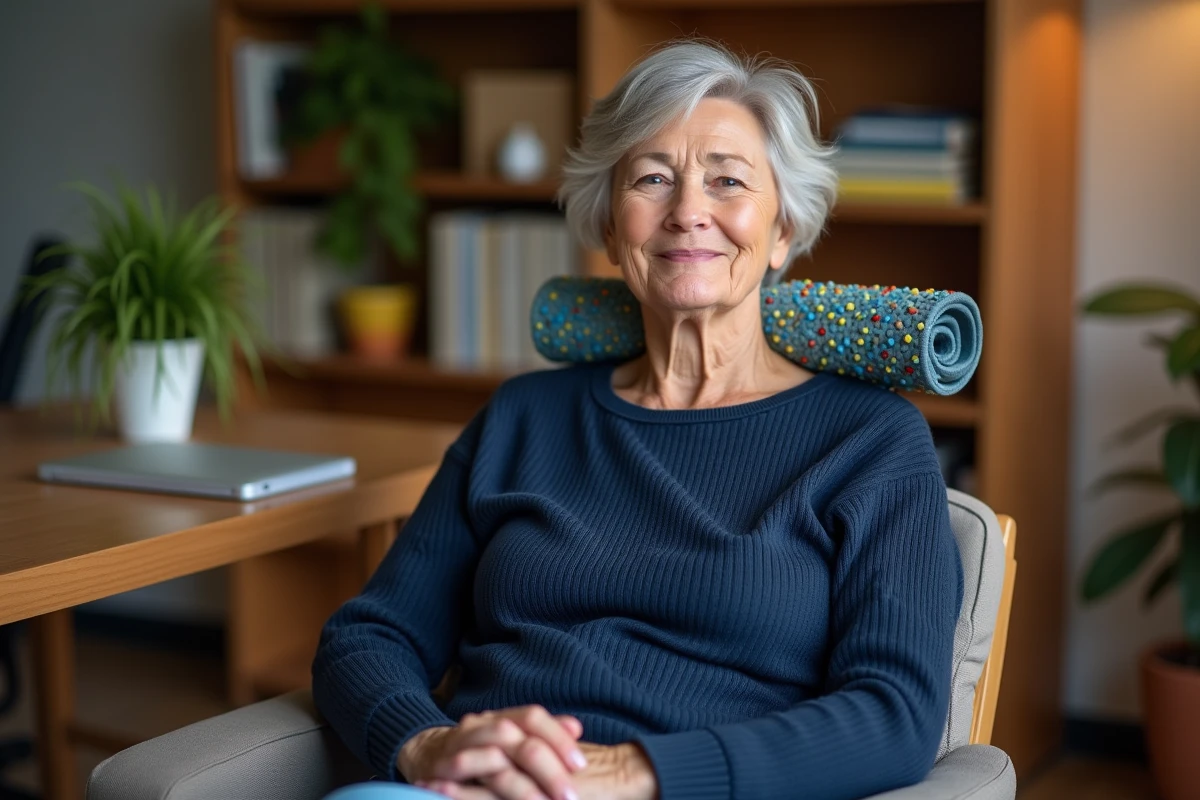 Femme mature utilisant un tapis Champ des Fleurs enroulé sous la nuque en position assise pour soulager les tensions cervicales