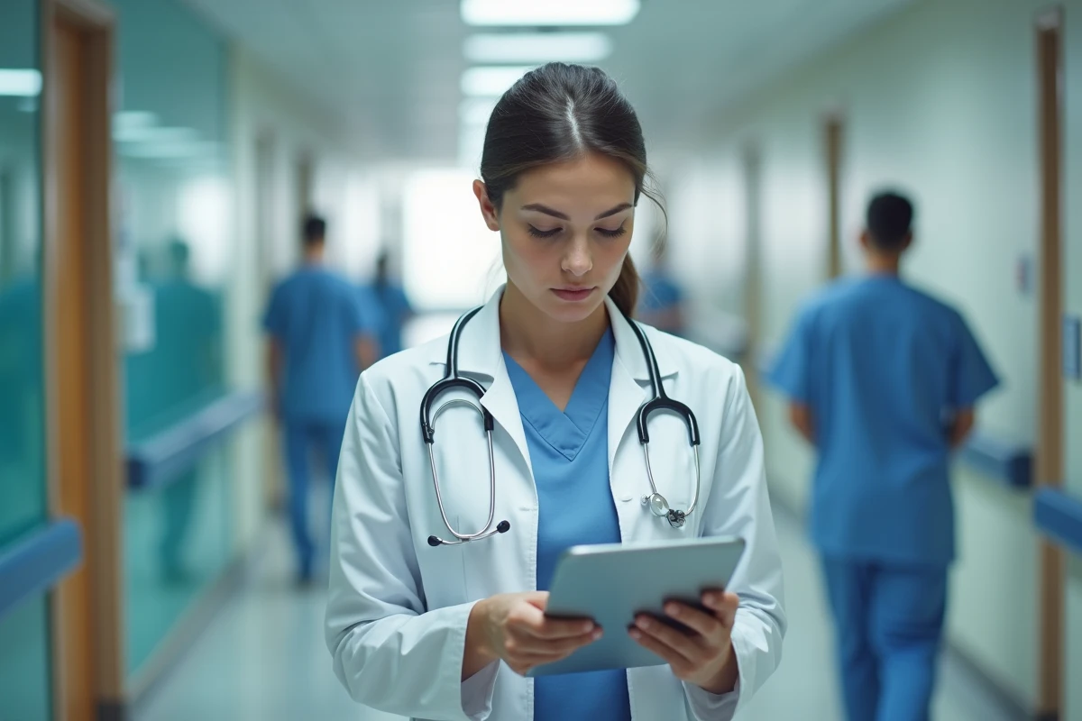 Jeune femme medecin en couloir d