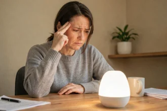Femme souffrant de migraine assise devant une lampe de luminothérapie dans un bureau à domicile