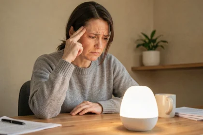 Femme souffrant de migraine assise devant une lampe de luminothérapie dans un bureau à domicile