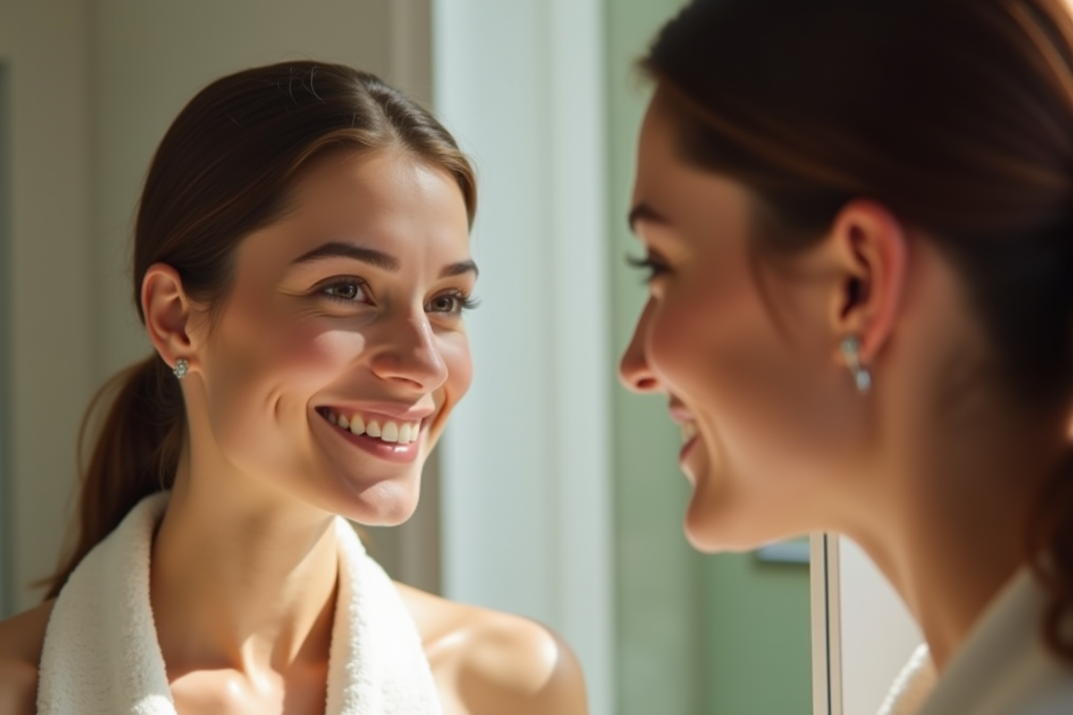 Femme souriante regardant son reflet dans un miroir