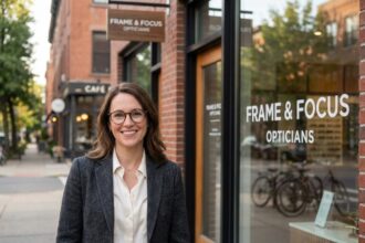 Femme souriante en blazer devant une boutique d'opticien