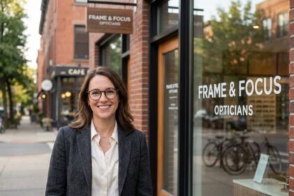 Femme souriante en blazer devant une boutique d'opticien