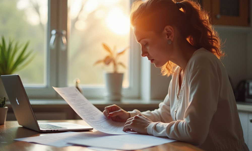 Jeune femme à la cuisine compare documents santé