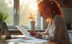 Jeune femme à la cuisine compare documents santé