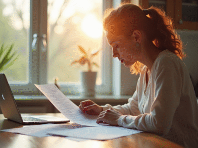 Jeune femme à la cuisine compare documents santé