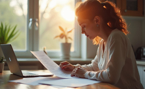 Jeune femme à la cuisine compare documents santé