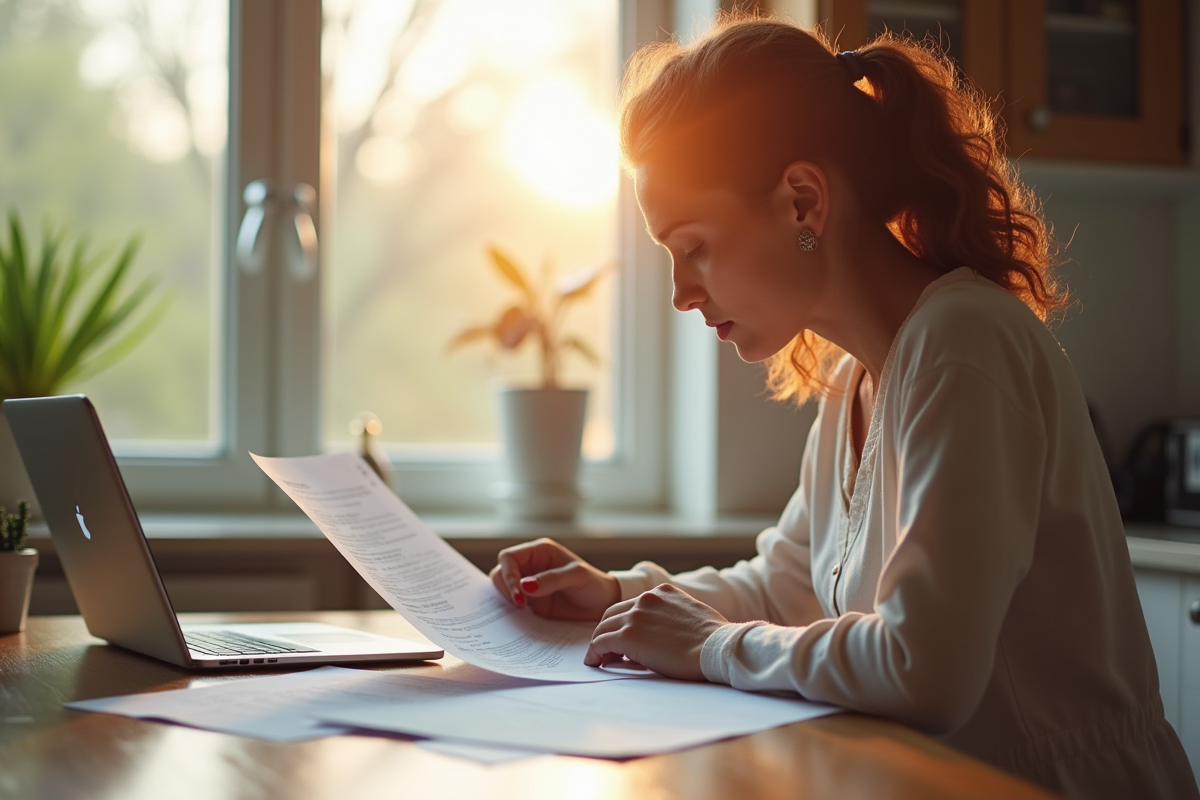 Jeune femme à la cuisine compare documents santé