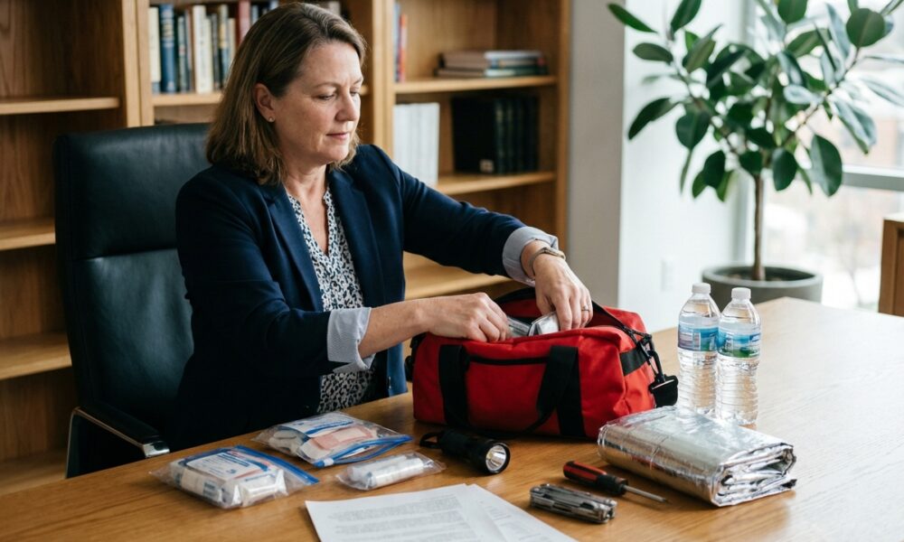 Femme d'affaires vérifiant un kit de secours organisé