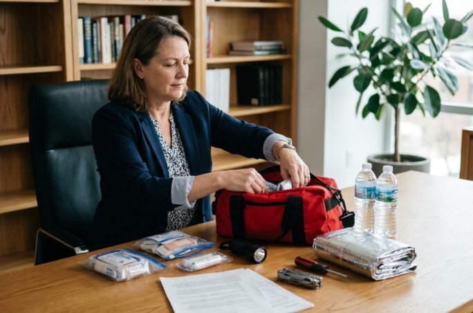 Femme d'affaires vérifiant un kit de secours organisé